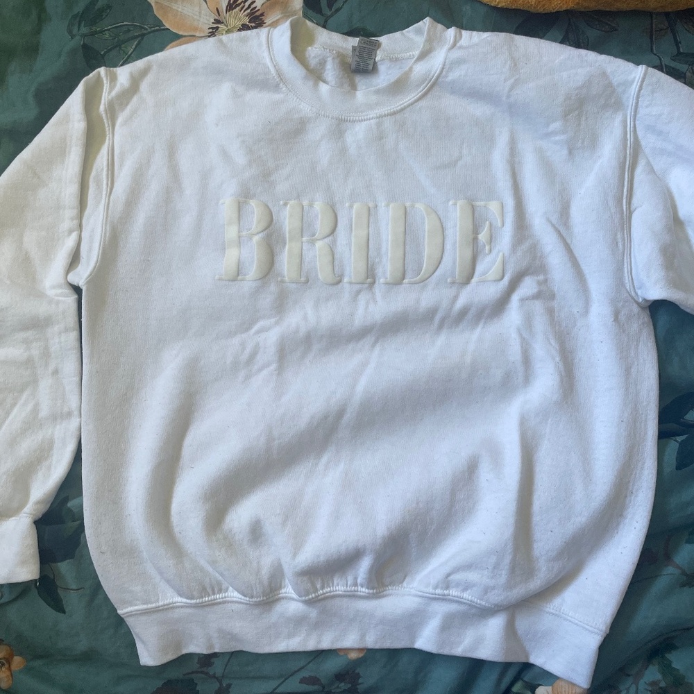 White on white embossed bride crew neck sweatshirt size M